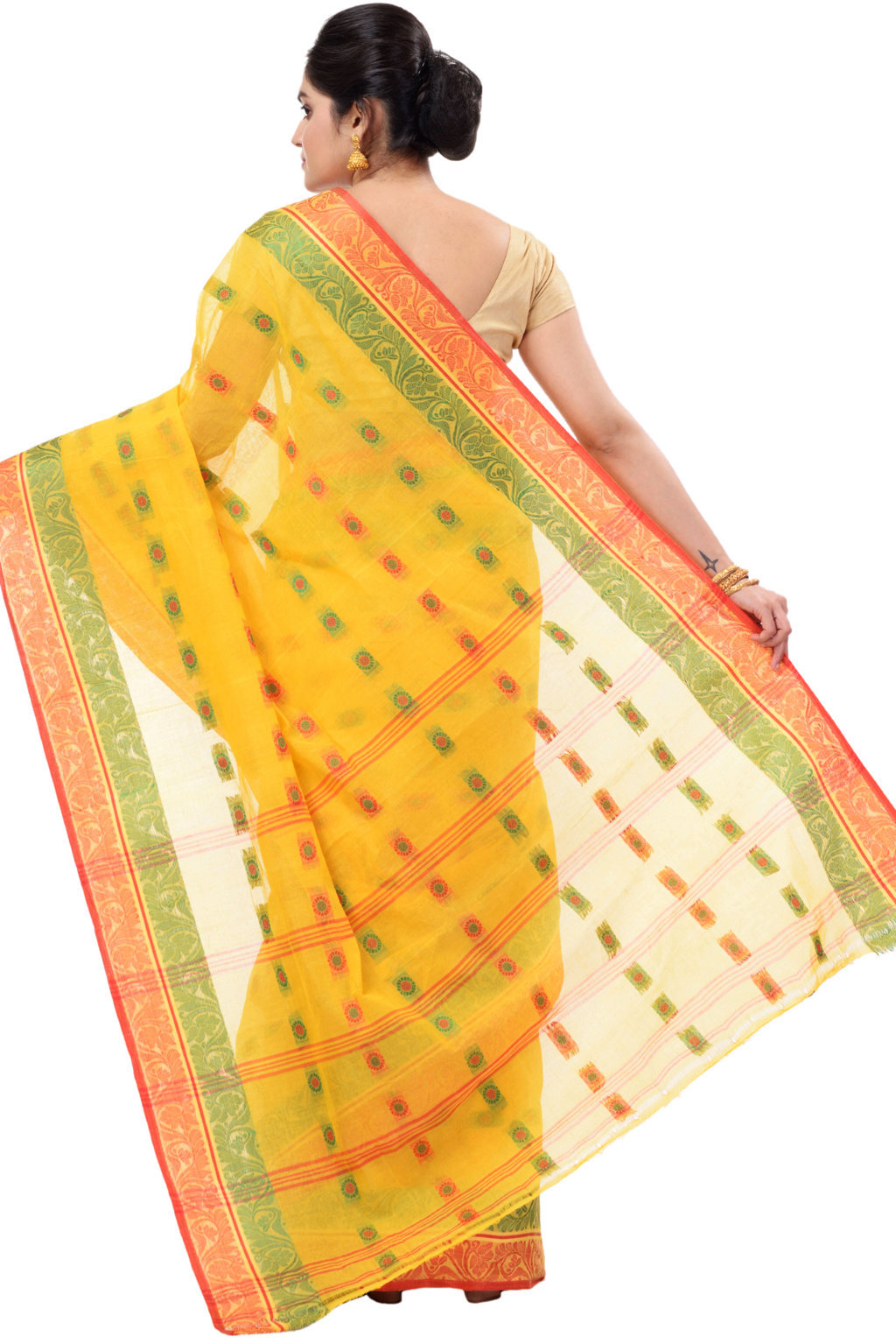 Yellow Pure Cotton Pushti Desiging Tant Saree (229)